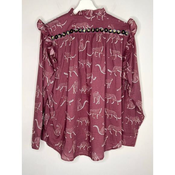 Sheridan French Embellished Aubergine Cheetah Ruffle Long Sleeve Blouse Medium - Picture 10 of 12